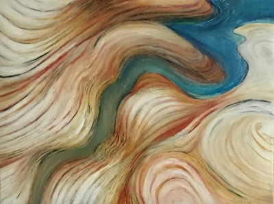 an abstract painting with blended strokes of color that suggest swirls of dry dust in color bands of beige, brown, rust and highlights of green and blue..