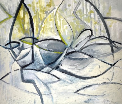 an abstract painting with bold strokes of black over fields of whites, light blues and sea greens.