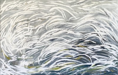 an abstract painting with arched strokes of whites, light blues and sea greens.