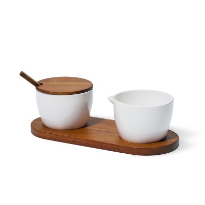 sugar and creamer set with white porcelain bowls and an acacia wood lid, stand, and spoon