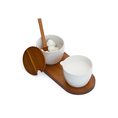 sugar and creamer set with white porcelain bowls and an acacia wood lid, stand, and spoon