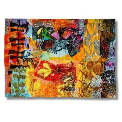 a painterly fabric quilt with an overriding grid that displays areas of bright red, white, pink and orange accented with black graphic forms.