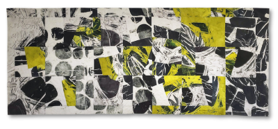 a painterly fabric quilt with an overriding grid that displays areas of bold black circular forms on white and grey backgrounds highlighted with acid green forms.