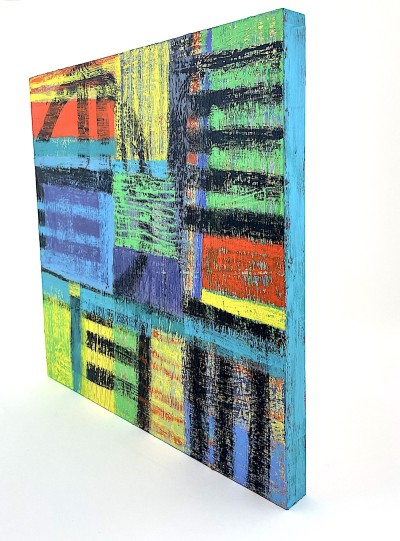 an abstract painting with bold strokes of color in saturated hues of chartreuse, green, purple and turquoise. Graphic hatch marking give is a game board look.