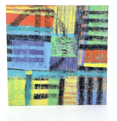 an abstract painting with bold strokes of color in saturated hues of chartreuse, green, purple and turquoise. Graphic hatch marking give is a game board look.