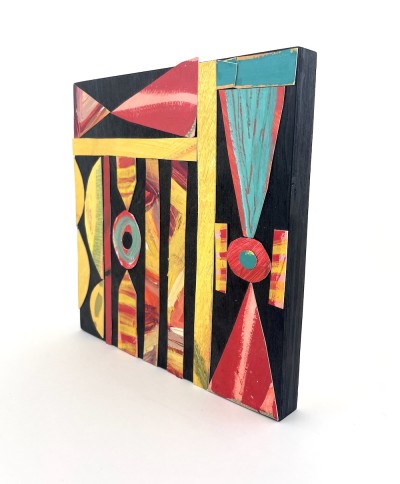 a bold design with collaged strips of saturated red, carmine and chartreuse. Playful mark-making accentuated by the rich black background titled 'The Eyes Have It'.