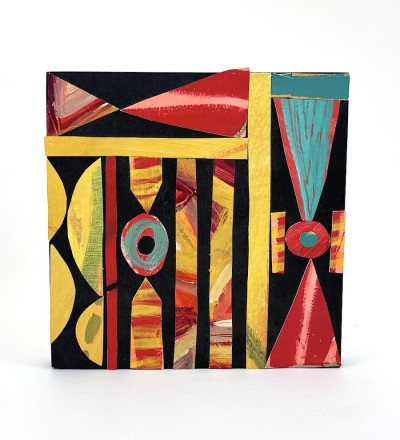 a bold design with collaged strips of saturated red, carmine and chartreuse. Playful mark-making accentuated by the rich black background titled 'The Eyes Have It'.