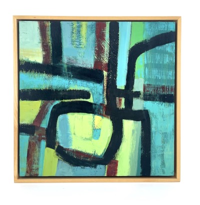 an abstract painting with bold strokes of color in saturated hues of chartreuse, green and turquoise. Graphic overlays alludes to a portal.