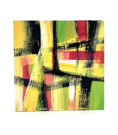 an abstract painting with bold strokes of black, lime green, yellow and red that intersect creating a hatch mark pattern.