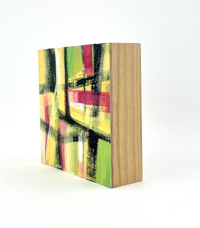 an abstract painting with bold strokes of black, lime green, yellow and red that intersect creating a hatch mark pattern.