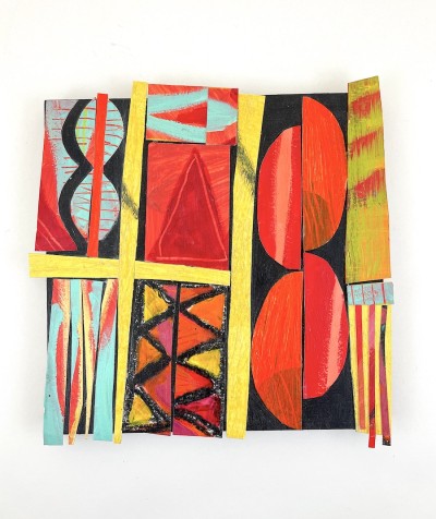 a bold design with collaged strips of saturated red, carmine and chartreuse. Playful mark-making accentuated by the rich black background titled 'Cha Cha Cha'.