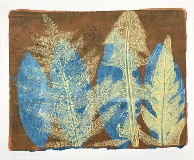 a print made with natural leaves that leave a detailed impression in yellow on a turquoise and brown background.