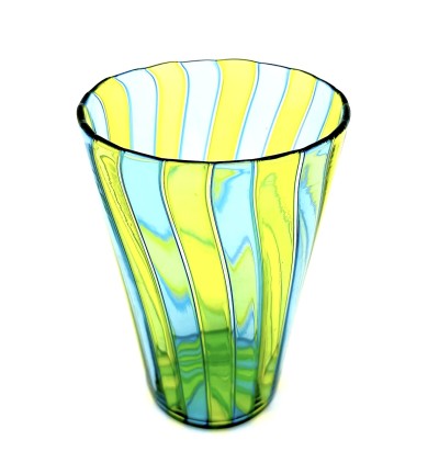 a glass tumbler cup with a complex pattern of vertical bands of translucent alternating colors of lime yellow and light turquoise.