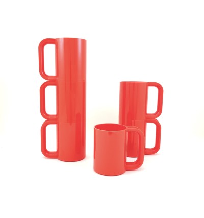 a set of six stackable orange plastic mugs with handles.