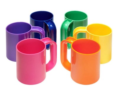 a group of six bright solid color mugs with handles in yellow, orange, red, blue, green and purple.