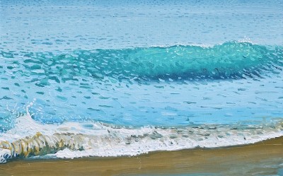 an abstract oil painting of a thin band of sand with an ocean of waves in blues and greens just beyond.