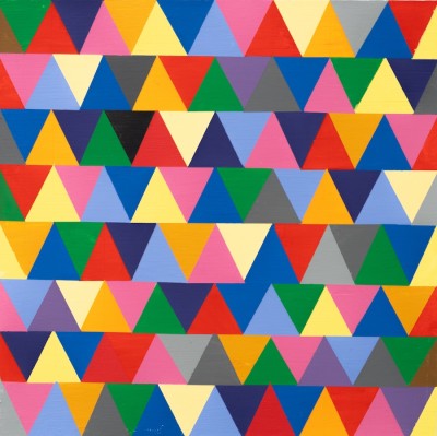 painting on a square board with an underlying grid which is paineted over with a series of triangles perfectly arranged in multiple colors from white, yellow, orange, red, blue, green and black (no 13).