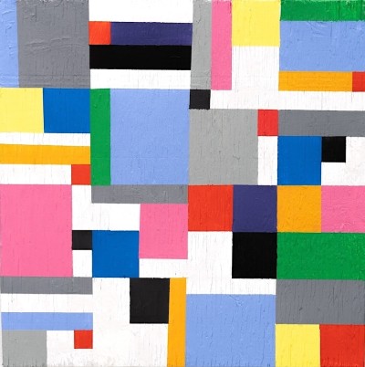 a painting on a square format with an underlying pencil grid with blocks of color painted in floating on open white ares of space.