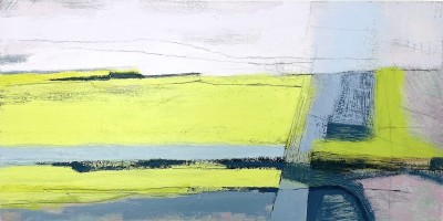 an abstract acrylic painting of color blocks of chartreuse green and powdery light purple.