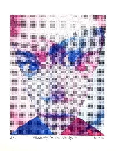 a screen print of overlapping images of a face with intense eyes in a pixelated dot pattern - one in blue and one in red.