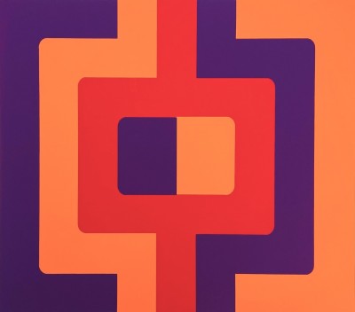 a color print of a bold graphic design with a central block of purple and orange with a bold ring around it in red, orange and purple.