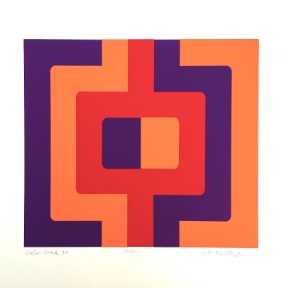 a color print of a bold graphic design with a central block of purple and orange with a bold ring around it in red, orange and purple.