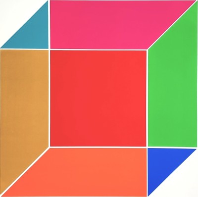 a graphic print of a 3D cube with each plane a contrasting color from pink, orange, green, blue, brown.