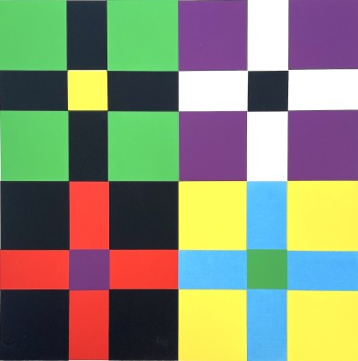 a square block design split into four fields with blocks of color from black, white to green, yellow, red that resembles a patchwork quilt.