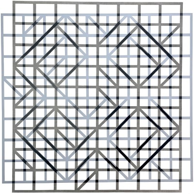 a graphic print of a line grid in grey over a shifted grid in slate blue.