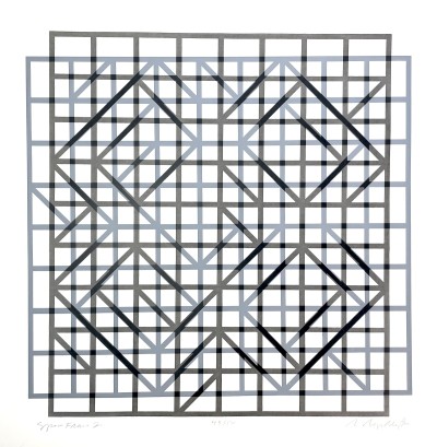 a graphic print of a line grid in grey over a shifted grid in slate blue.