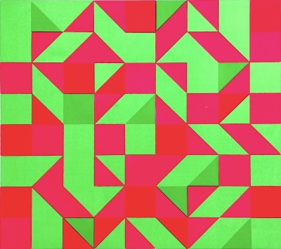 a graphic print in neon green and pink with blocks and triangles compiled into a vibrating design.