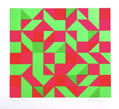 a graphic print in neon green and pink with blocks and triangles compiled into a vibrating design.