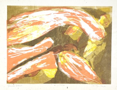 an abstract print depiction of summer gourds with broad strokes of orange and brown scribbly areas of color.