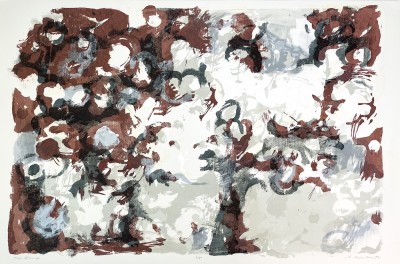 an abstract print depiction of the leafy branches of a tree with beige and brown scribbly areas of color.