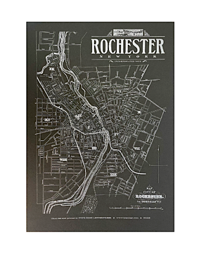a letterpress print on black paper with white ink of a map of Rochester, NY in 1872