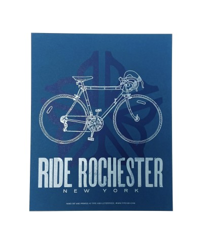 an artist handset letterpress design of an image of the Rochester, NY city logo with a road bike printed over the top in metallic blue ink, all on dark blue paper.
