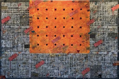 a rectangular textural surface with lines and imprinted symbols over a color block layout with a hot red square at the top center and deep blue surrounding that focal point.