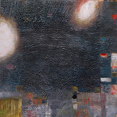 a square abstract, textural surface with lines and imprinted symbols over a dark grey background with white round spots.