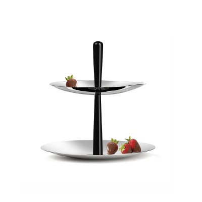 a sleek modern stainless steel two-tiered serving dish with a central black core that emerges from the top as a handle.