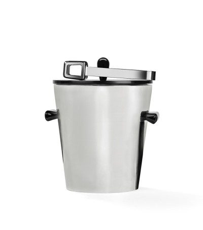 a sleek modern stainless steel ice bucket with a set of tongs.