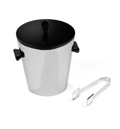 a sleek modern stainless steel ice bucket with a set of tongs.