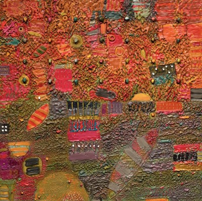 a square abstract, textural surface with lines and imprinted symbols over a mottled hot red to sage green field