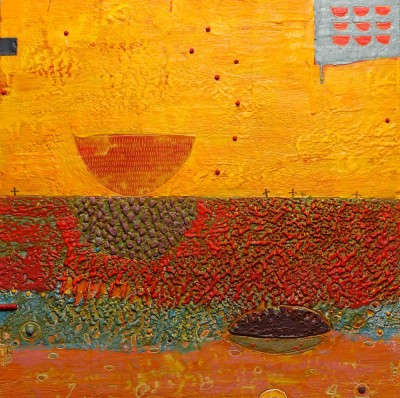 a square abstract, textural surface with lines and imprinted symbols over a mottled field with the top half  bright yellow-orange and the bottom half red and deep orange.