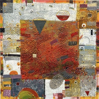 a square abstract, textural surface with lines and imprinted symbols over a mottled field with central field of burnt orange all framed by a patchwork of blended colors.