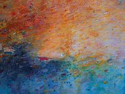 a rectangular abstract, textural surface with lines and imprinted symbols over a mottled field of burnt orange to deep sea blue.