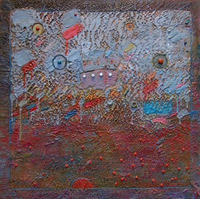 a square abstract, textural surface with lines and imprinted symbols with a central small square of blue and red floating in a mottled field of eggplant purple.