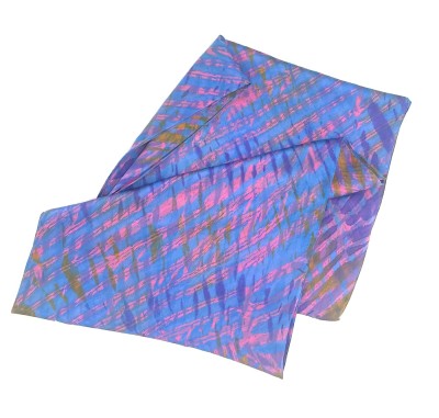 a multi color silk scarf with pink, purple and blue criss cross design folded flat.