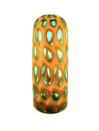 a tall narrow handblown glass conical shaped vase with a gold colored body and clear glass ovals outlined in turquoise titled 'Pod'.