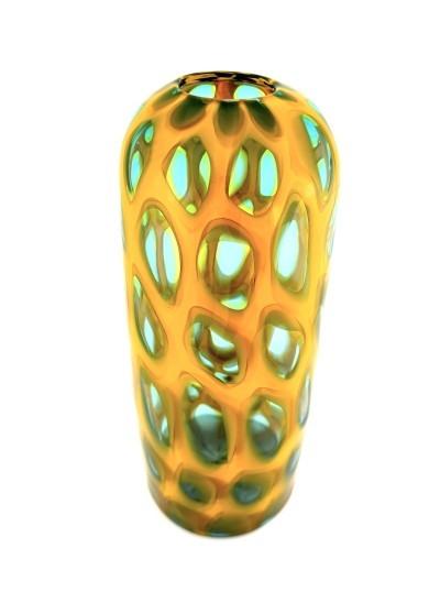 a tall narrow handblown glass conical shaped vase with a gold colored body and clear glass ovals outlined in turquoise titled 'Pod'.