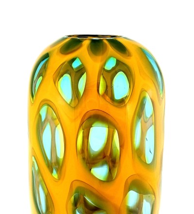 a tall narrow handblown glass conical shaped vase with a gold colored body and clear glass ovals outlined in turquoise.